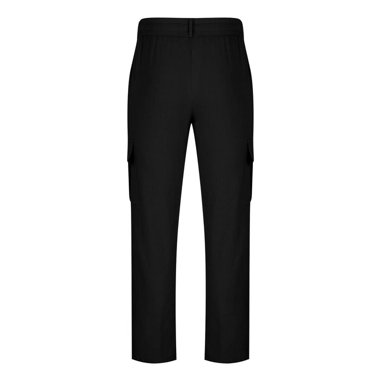 Mens Linen Cargo Pants Summer Casual Elastic Waist Pants Relaxed