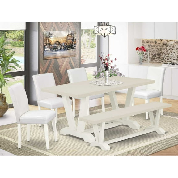 East West Furniture V026AB264-6 6-Piece Beautiful Dinette Set a Great Linen White Modern Dining Table Top - Linen White Dining Bench - 4 Excellent Pu Leather Dining Room Chairs with Stylish Chair...