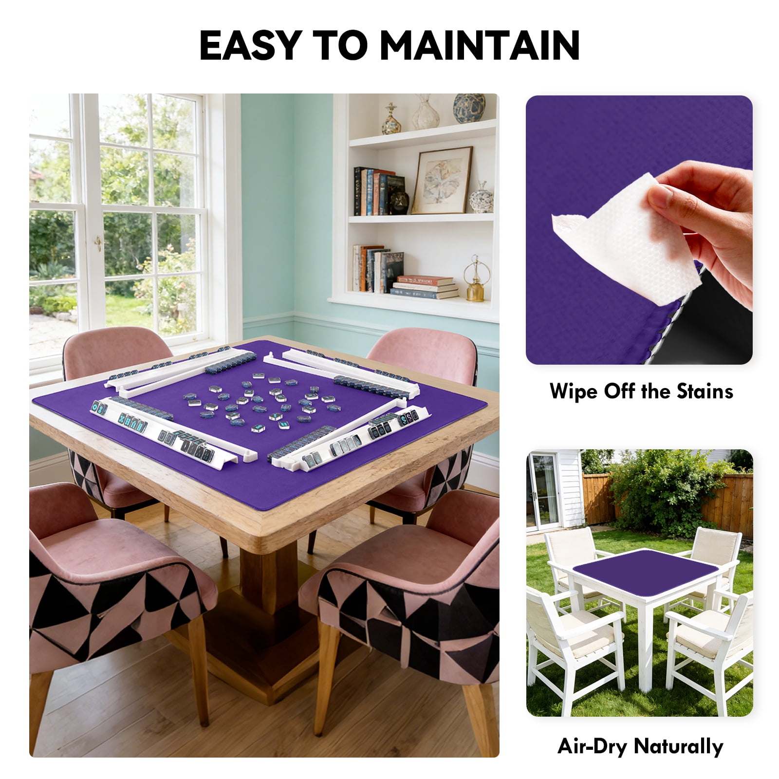 Noise Reducing Anti-Slip Table Cover Pad | Portable Game Mat for Mahjong, Poker, Cards, Dominoes with Carry Bag (Purple)
