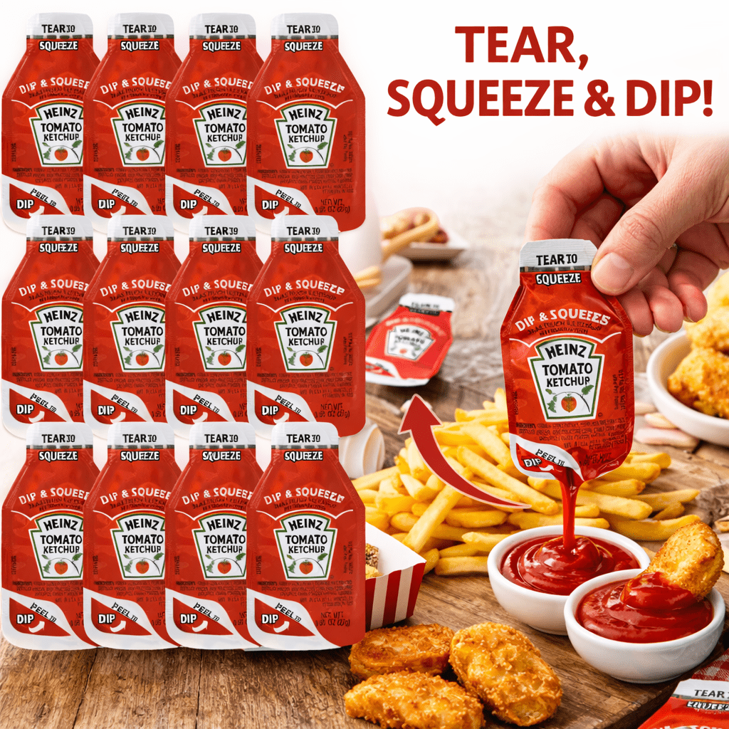 Heinz Tomato Ketchup Dip & Squeeze Packets – 0.95 oz Each (Pack of 20) – Peel to Dip or Tear to Squeeze, Single-Serve Condiment