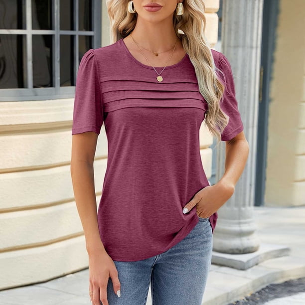Fiudx Camisetas para Mujer Camiseta Informal de Manga Corta con Cuello Redondo Liso a La Moda para Mujer