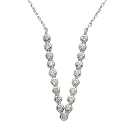 - Cubic Zirconia Inlay Circular V Necklace Rhodium Plated Sterling Silver