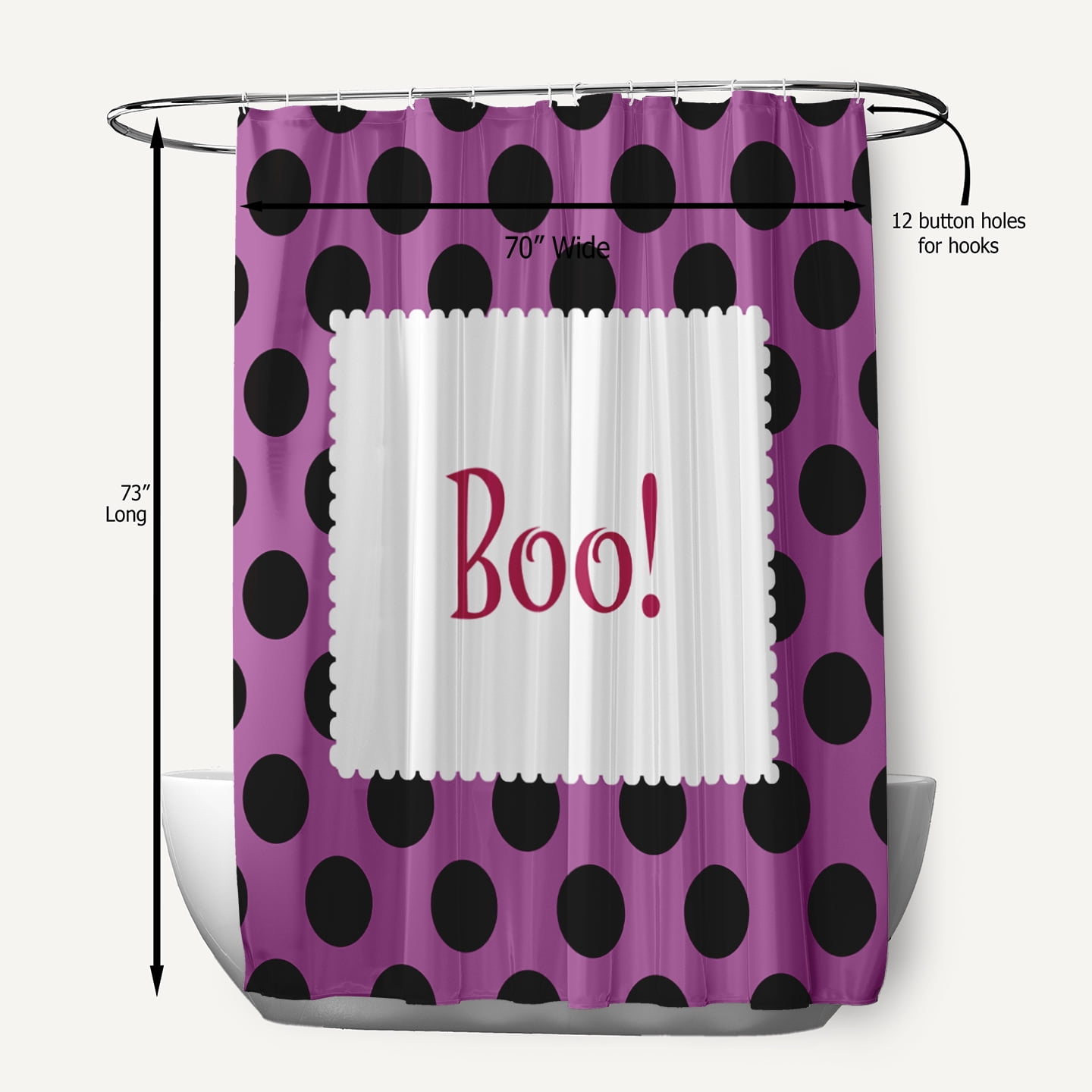 Simply Daisy 70" W x 73" L Halloween Boo Dots Polyester Shower Curtain, Orchid [1 Ct]