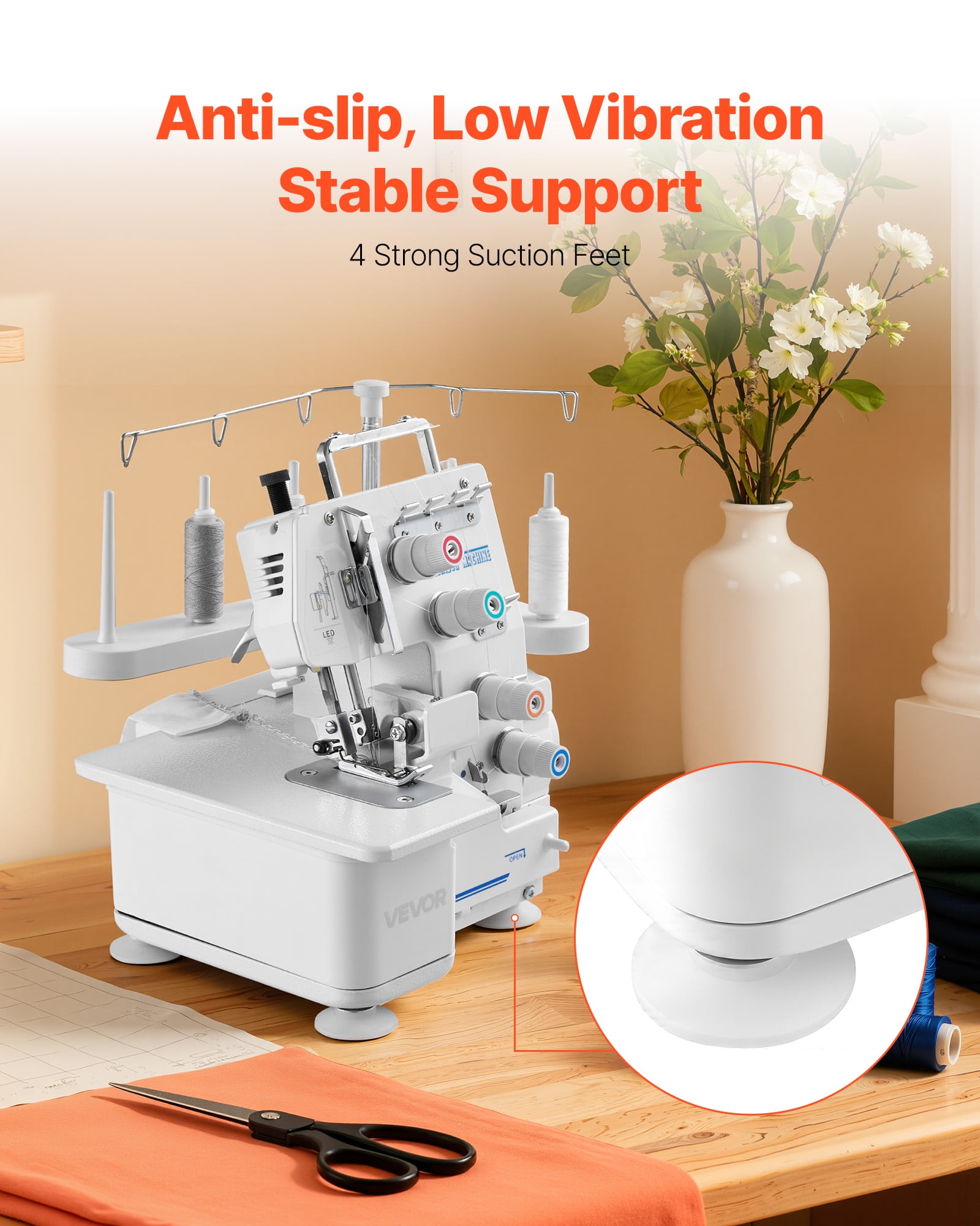 VEVOR Serger Overlock Sewing Machine, 1250 Stitches Per Minute, 3 and 4 Thread Capability, with LED Light and Strong Suction Feet, Heavy-Duty Metal Frame Sewing Machine for Various Fabrics, White