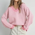 thumbnail image 1 of Suéter de cuello en V para mujer, suéter de punto de invierno con cuello en V, blusa de manga larga a rayas con bloques de color y cuadros para mujer, 1 of 8