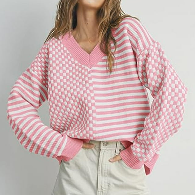 Suéter de cuello en V para mujer, suéter de punto de invierno con cuello en V, blusa de manga larga a rayas con bloques de color y cuadros para mujer