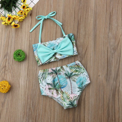 2Pcs Baby Girls Halter Bowknot Tube Top+Floral Short Bottoms Bikini Bathing Suit Swimwear 