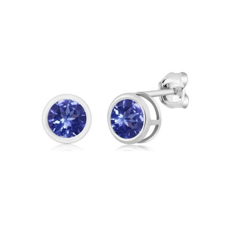 1.00 Ct Round Blue Tanzanite Sterling Silver bezel Stud Earrings 5mm