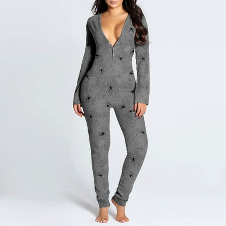 

Voncos Ladies Jumpsuits- Fashion Casual Long Sleeve Button Printed Overalls Playsuit Gray 8
