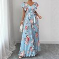 thumbnail image 4 of 2026 New European and American Style Women's V Neck Ruffle Short Sleeve Self Tie Waist Floral Print Pleated Maxi Dress, 4 of 5