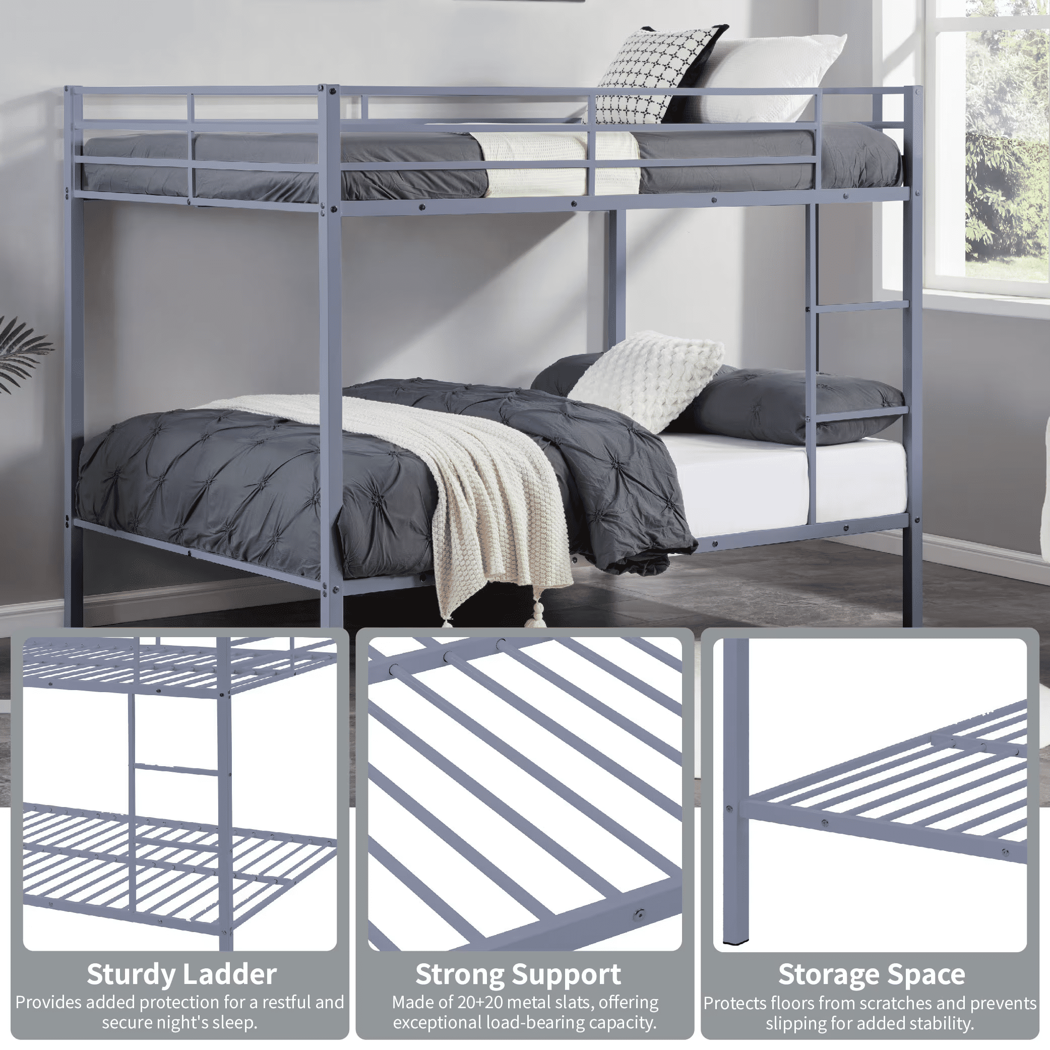Aukfa Metal Bunk Bed Full over Full, High Guardrail and Metal Slats, Space-Saving Bed Frame for Kids Teens, Gray