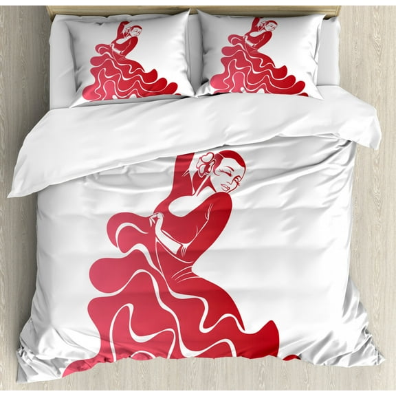 Spanish Duvet Cover Set King Size, Flamenco Lady Performing Historical Figures on Stage Passion Illustration, Decorative 3 Piece Bedding Set with 2 Pillow Shams, Dark Coral Red White, by Ambesonne