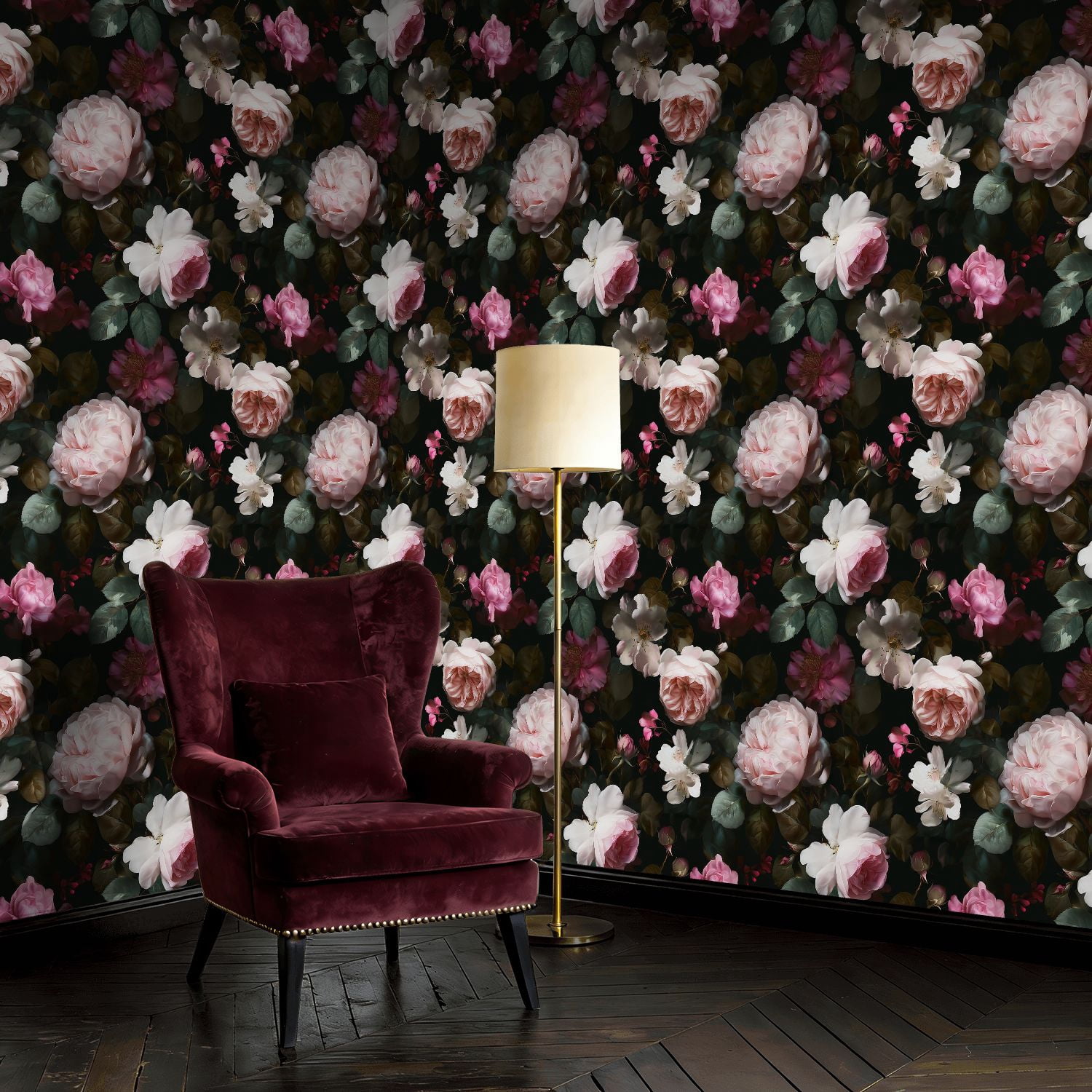 Peel and Stick Wallpaper Soft Pink Roses Delicate White Flowers Dark Wall Mural 23.6in x 9.8ft Self Adhesive Removable Wall Paper Renter Friendly Wallpaper for Nursery Bedroom Cabinets