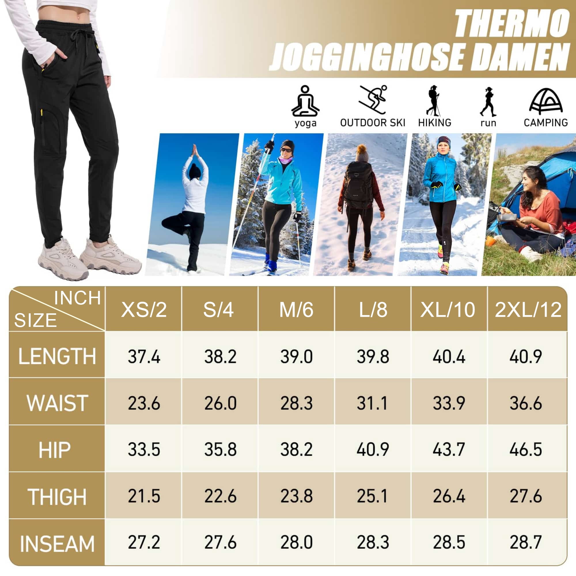 FEN AI Women's Fleece Lined Pants Winter Thermal Ski Pants Hiking Running Joggers Pants with Multi Pockets