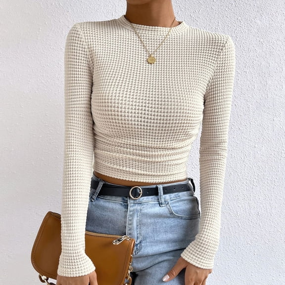 Yuhangmm Womens T Shirts Women's Solid Knit Pleated Side Long Sleeve Tee for Everyday Comfort and Fit White M