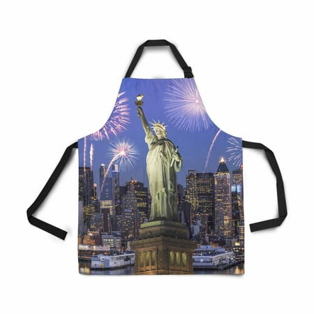 

ASHLEIGH Manhattan Skyline The Statue of Liberty Fireworks Apron for Women Men Girls Chef with Pockets New York City Night Bib Kitchen Cook Apron for Cooking Baking Gardening Pet Cleaning