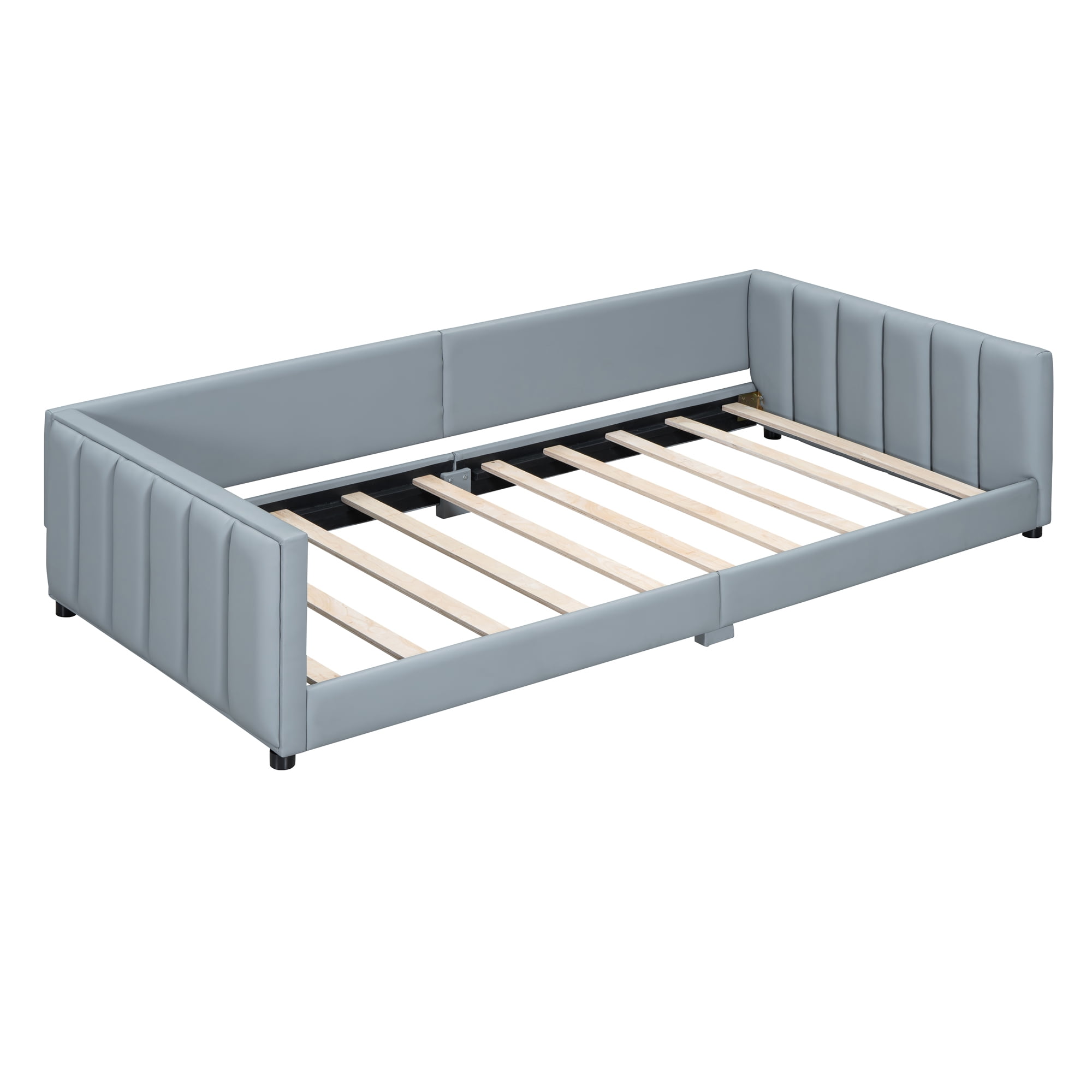 Harper & Bright Designs Wooden Mother Bed Frame Queen and Twin XL Size Daybed, PU Leather Upholstered Grounded Platform Bed, Gray