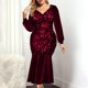 thumbnail image 2 of Vestido de noche con volantes de manga larga de Color sólido con escote en V profundo y lentejuelas elegantes a la moda para mujer Fridja  NMB5241, 2 of 8