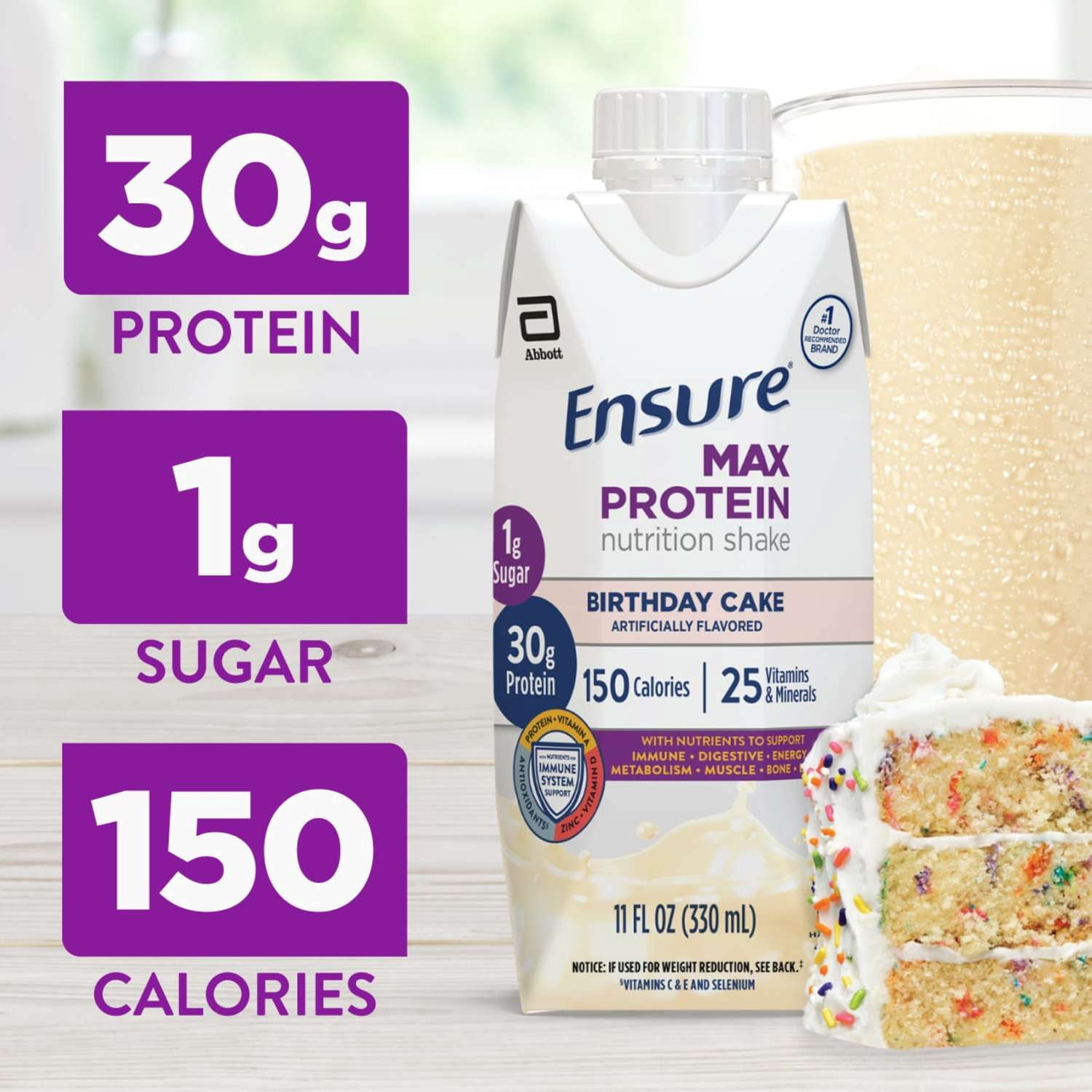 (3 pack) Ensure Max Protein Shake, 30g Protein, Birthday Cake, 11 fl oz, 4 Pack