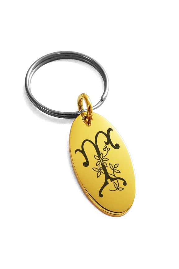 Stainless Steel Letter T Initial Floral Monogram Engraved Small Oval Charm Keychain Keyring