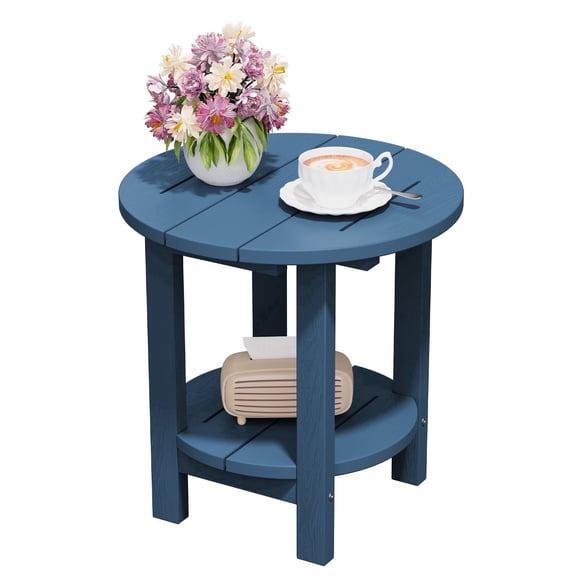 FUNDAZE 2-Tier Round HDPE Patio Side Table, End Tables For Living Room, Waterproof Indoor & Outdoor Small Table for Poolside, Garden, Navy Blue