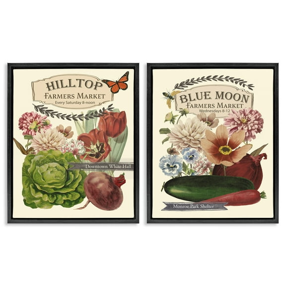 Stupell Industries Vintage Farmers Markets Food & Beverage Painting Black Floater Framed Canvas Art Print Wall Art, 17 x 21, Set of 2