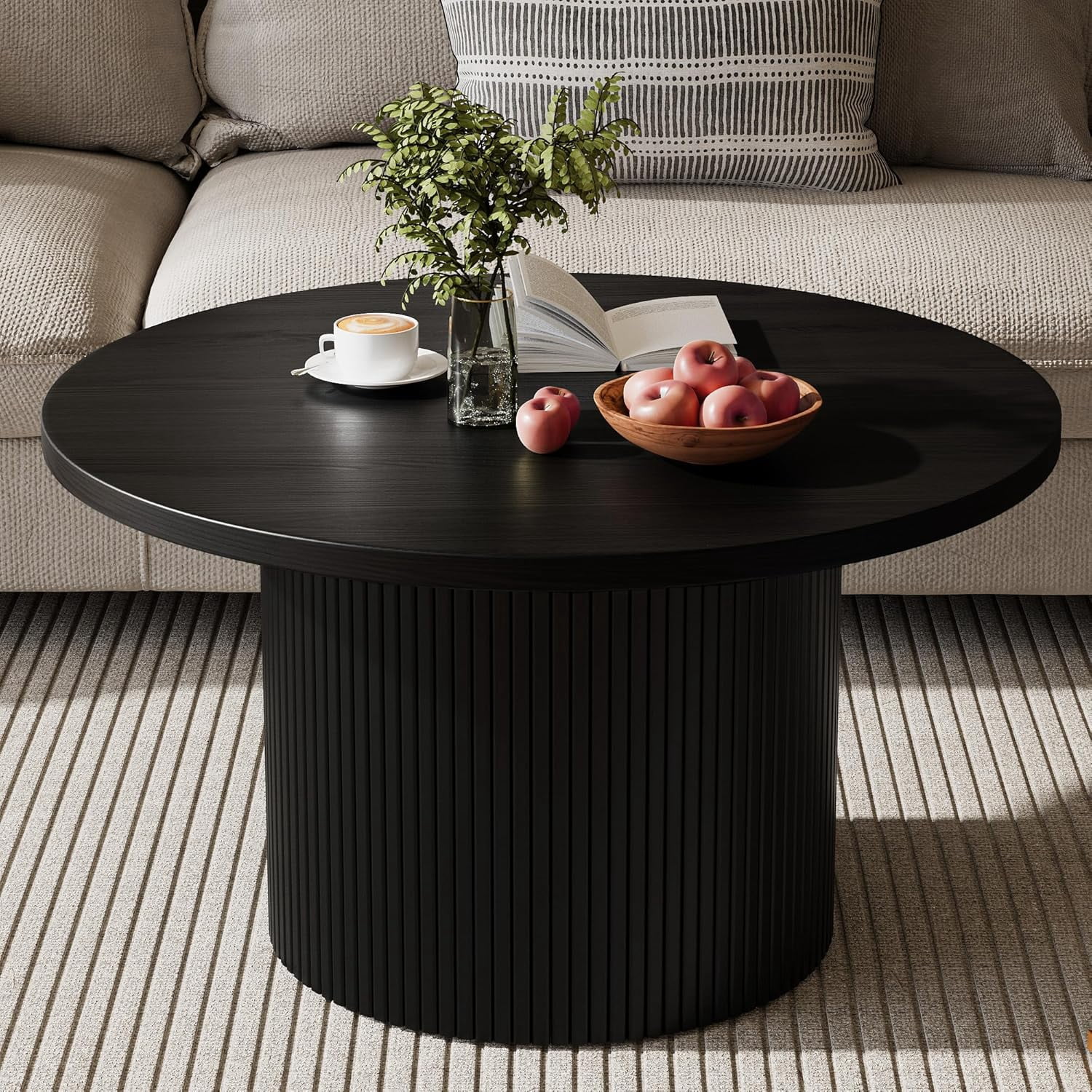 FURNIWAY Black Round Coffee Table with Storage, 35" Coffee Tables for Living Room, Circle Wood Accent Center Table for Apartment