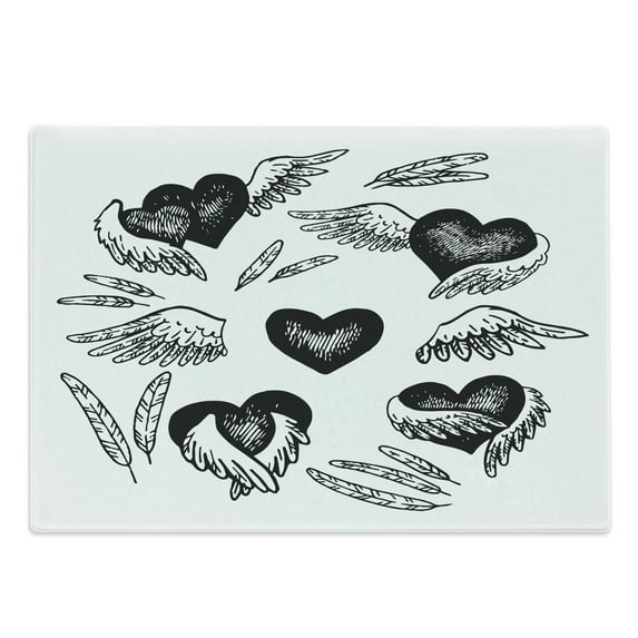 Feather Cutting Board, Romantic Hearts with Wings Valentine's Day Themed Sketch Style Love Image, Decorative Tempered Glass Cutting and Serving Board, Large Size, Black and White, by Ambesonne