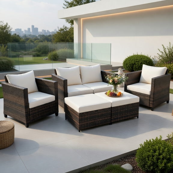 Resenkos 5 Pieces Patio Cushioned Rattan Furniture Set, All Weather Outdoor Sectional Sofa, Manual Weaving Wicker Rattan Outdoor Patio Furniture Sets, White