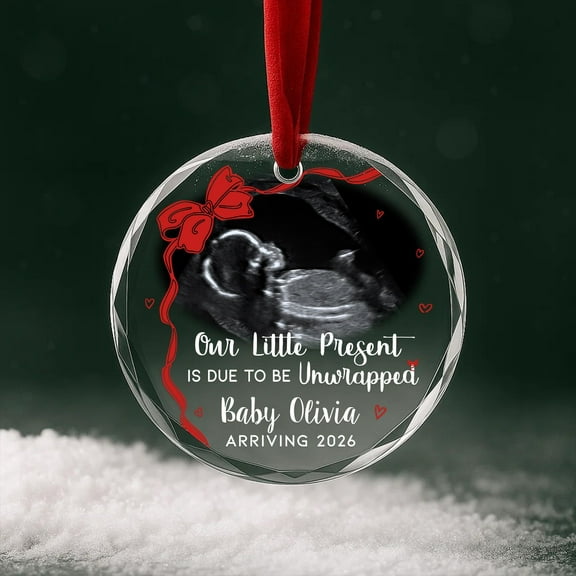 Ultrasound photo glass ornament personalized | baby announcement keepsake; â€œOur little presentâ€ quote; custom picture Christmas gift