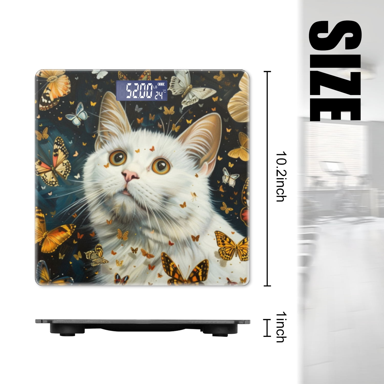 High Precision Body Weight Scale Smart Bathroom Scales with Large LCD Display(400lbs),Decorative for Bedroom-White Cat Surrounded By Butterflies Against Dark Background