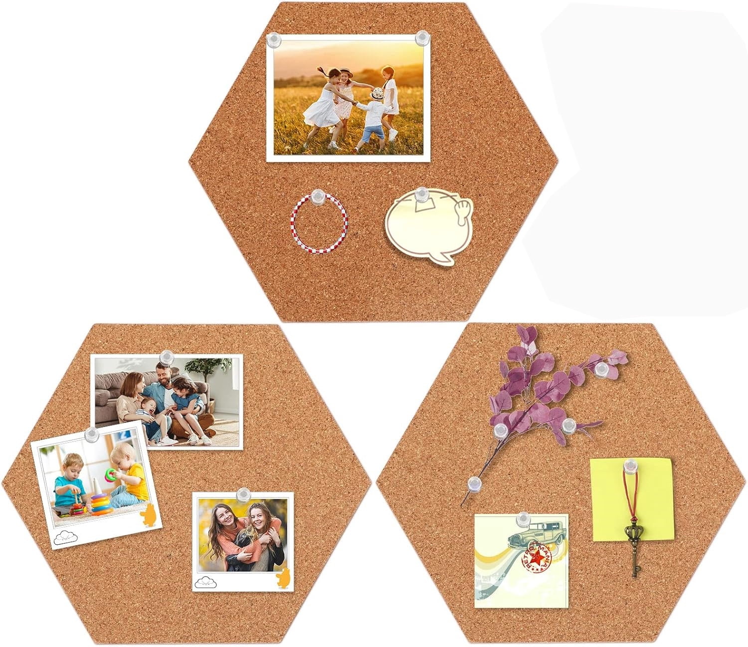 Self-Adhesive Wall Bulletin Board,6 Pack Hexagon Cork Board Tiles,DIY Notice Board,Wall Bulletin Board with 40 Push Pins, Application Message Board for DIY, Pictures Hanging, Office Home Decoration