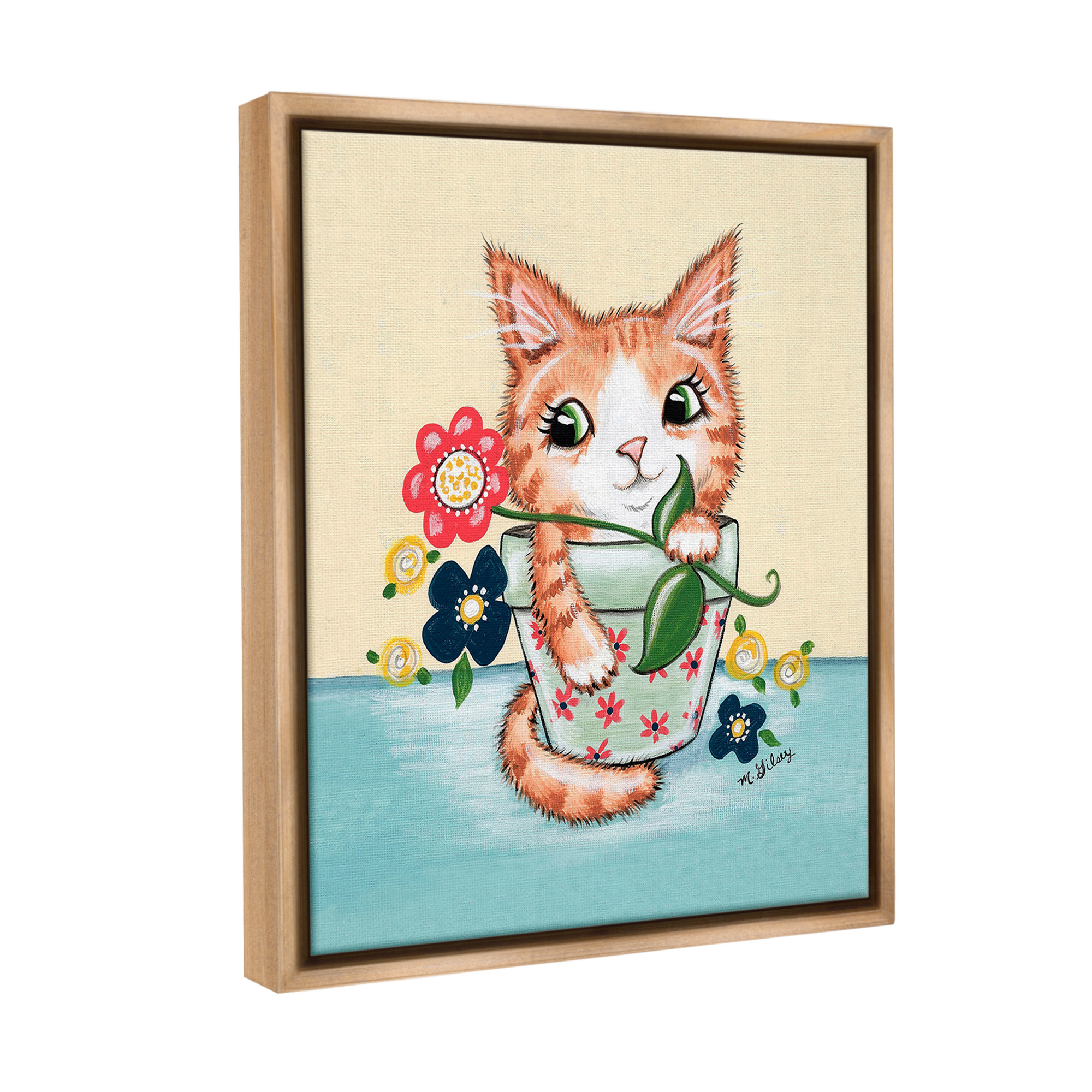 Stupell Industries Kitten in Flower Pot Animals & Insects Painting Brown Floater Framed Canvas Art Print Wall Art, 25 x 31