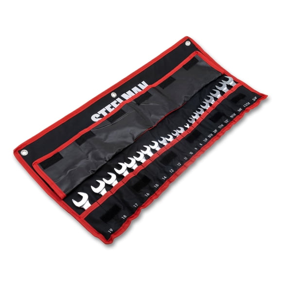 Steelman 21-Piece Stubby Combination Wrench Set with Storage Roll, Metric & SAE, 12-Point, 1/4-3/4" and 8-19mm (82576)
