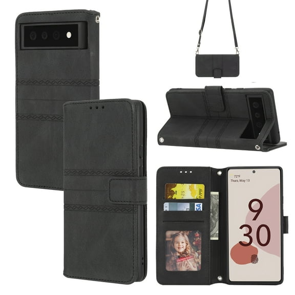 Allytechgroup for Google Pixel 9 / 9 Pro Case, PU Leather Flip Stand Card Slots Protective Case Shockproof Wallet Kickstand Crossbody Shoulder Strap Phone Case for Google Pixel 9 / 9 Pro, Black