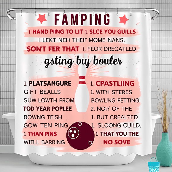 Humorous Bowling Shower Curtain with Fun Misspelled Terms - Pink & White Design for a Playful Bathroom