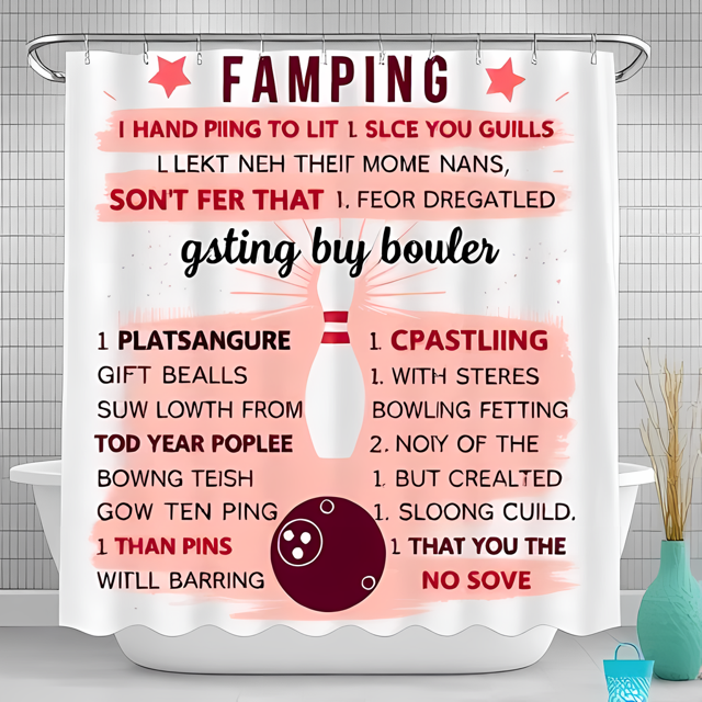 Humorous Bowling Shower Curtain with Fun Misspelled Terms - Pink & White Design for a Playful Bathroom