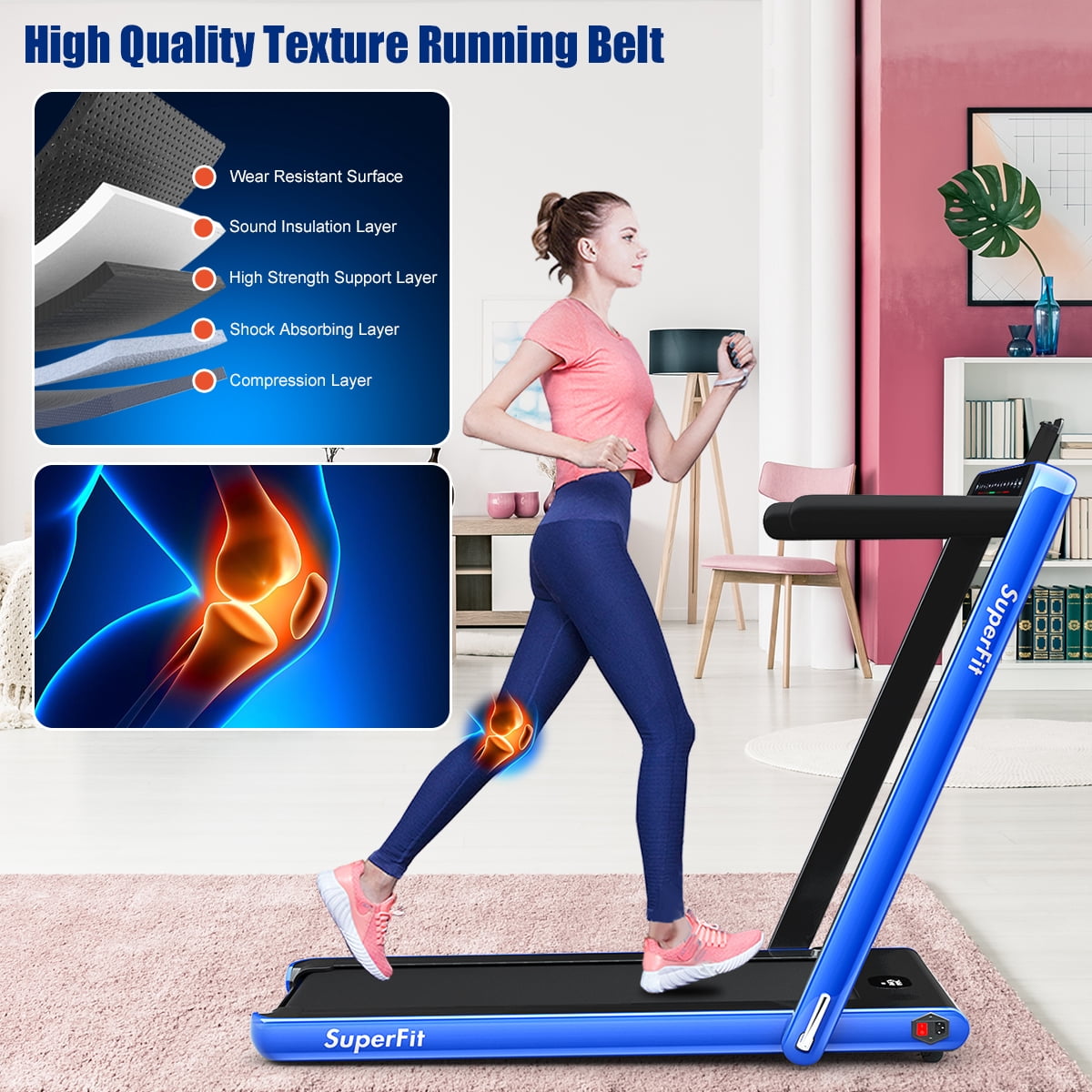 Gymax 2 in 1 Folding Treadmill 2.25HP Running Machine w/ Dual Display Blue