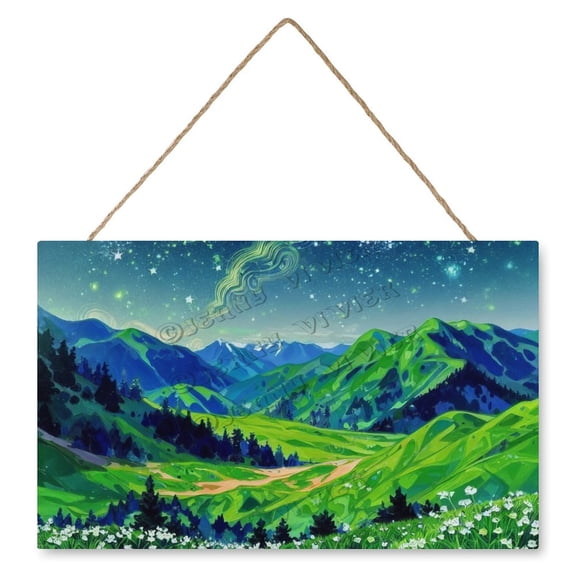 Flower Green Hill Cloud Hanging Wood Sign Home Decorative, Printed Wood Wall Art Sign, Nature Wall Decor, Housewarming Gift 10x16 IN