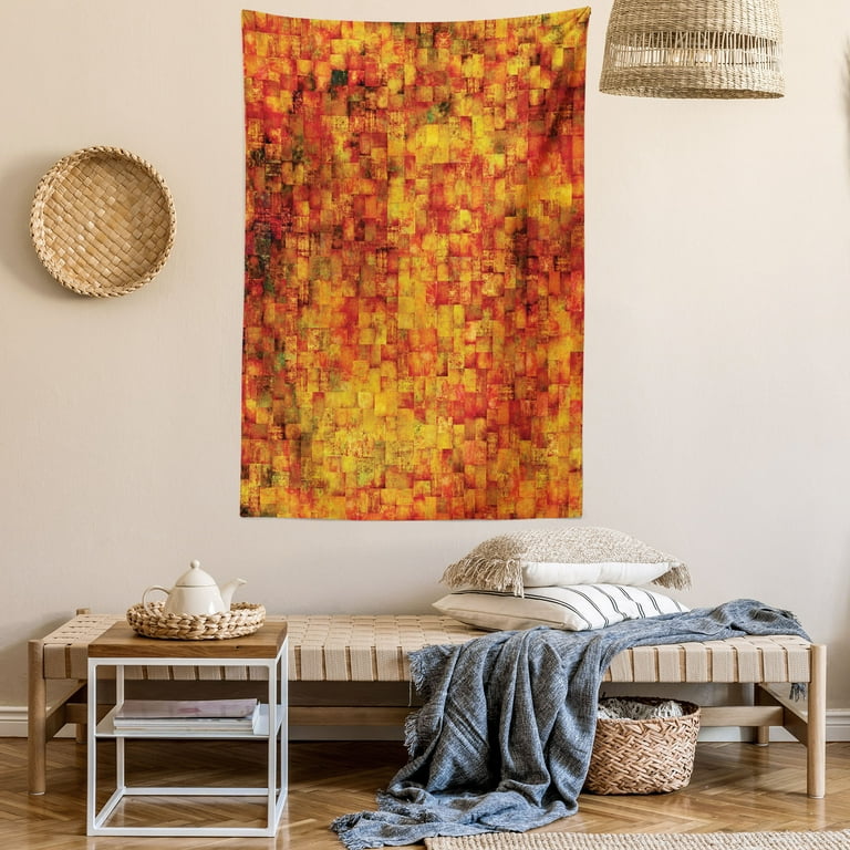 Burnt Orange Tapestry Vintage Mosaic Background Quadratic Little Geometric Squares Faded Print Wall Hanging for Bedroom Living Room Dorm Decor 60W