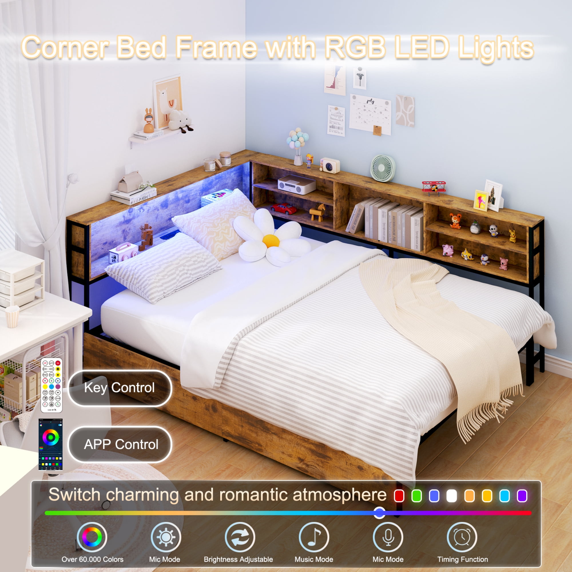 Leumius Corner Full Bed Frame with Storage Drawers,Bookcase Headboard, LED Lighting & USB Charging Station,Full Size Daybed Corner Bed for Bedroom,