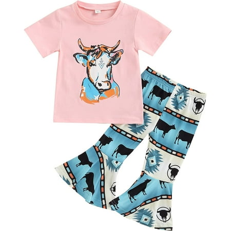 

PIKADINGNIS Western Toddler Baby Girls Outfits Short Sleeve Letter Printed T-Shirt Top Cow Print Bell Bottom Pants Clothes Set