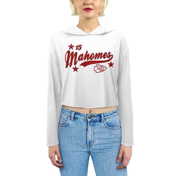 Women's Majestic Threads Patrick Mahomes White Kansas City Chiefs Glitter Wordmark Hoodie