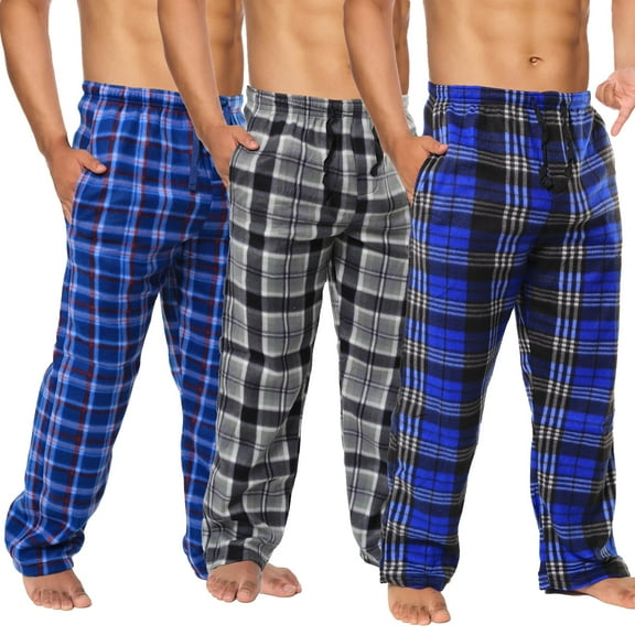 Active Club 3 Pack Fleece Mens Pajama Pants- Plaid Lounge PJ Bottoms with Pockets - Midnight Plaid 3-Pack, Small