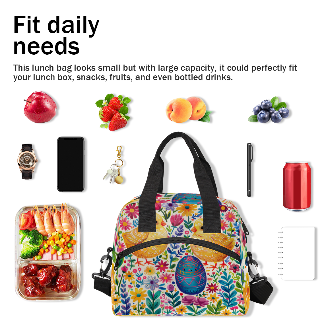 Herdesigns Watercolor Chicken Hen Insulated Lunch Bag for Women Men Adults Large Reusable Lunch Box Rustic Farmhouse Leakproof Cooler Tote Bags with Adjustable Shoulder Strap