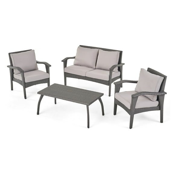 Brevin Outdoor 4-piece Wicker Seating Set and Cushions, Grey