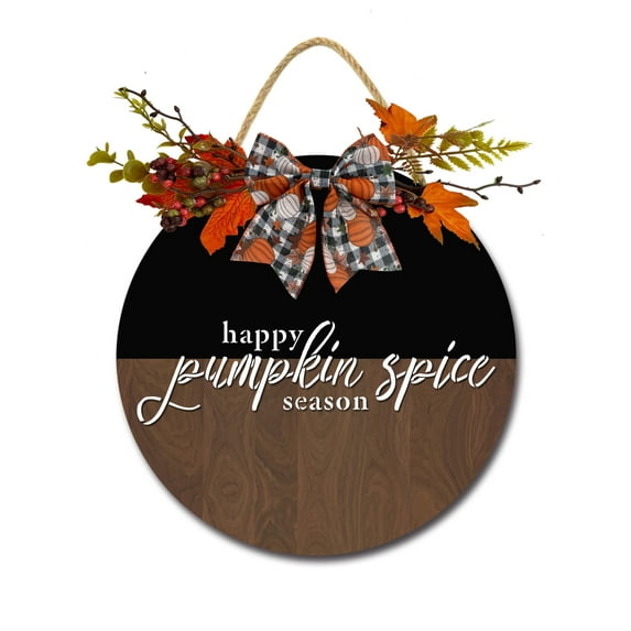 Happy Pumpkin Spice Season Front Door Sign Funny Wreaths Hanging Wooden Plaque Decoration Round Rustic Wood Farmhouse Porch Decor for Home Front Door Decor, 12 x 12 Inch