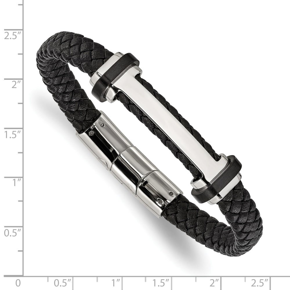 Diamond2Deal Stainless Steel Polished Braided Black Leather 8 inch Plus a .5 In Ext Bracelet for Men 8.5"