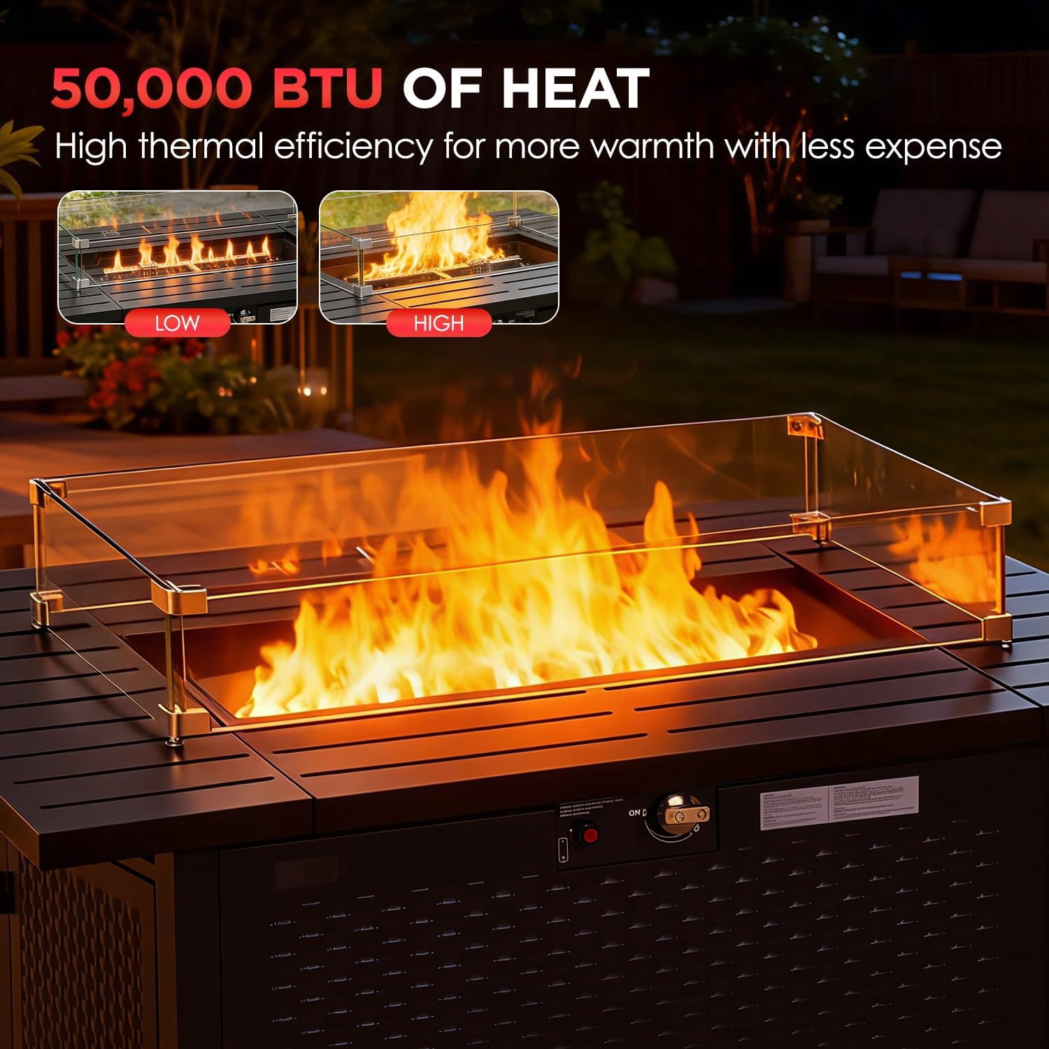 NiamVelo 43" Propane Gas Fire Pit Table, 50,000 BTU Rectangular Fire Pit with Glass Wind Guard for Outside Patio Deck Garden Backyard , Black
