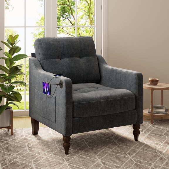 LEGAHOME Accent Chair for Living Room, Chenille Upholstered Armchair with Solid Wood Leg, Mid Century Single Sofa Chair for Living Room, Bedroom, Reading Corner, Dark Gray